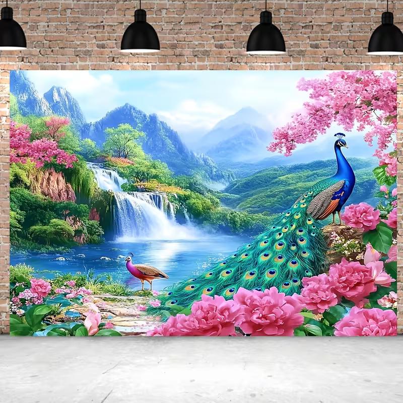 2D Blue Peacock Waterfall Tapestry for Spring Festival Party & Home Background Decoration