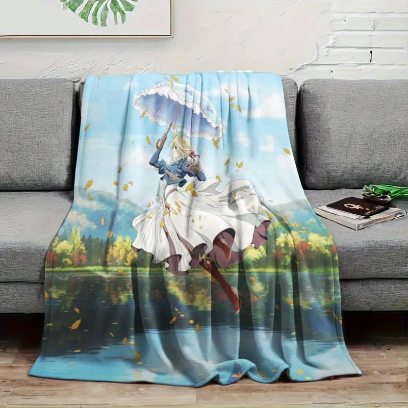 Violet Evergarden Anime Flannel Throw Blanket, Soft Blanket for Sofa Bed, Anime Girl Umbrella Landscape Print Home Decor