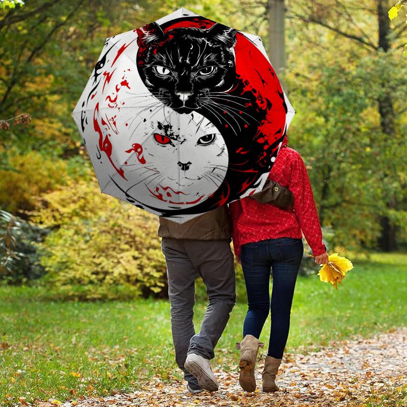 1pc Black Cat Yin Yang Automatic Folding Umbrella, Heavy Duty 8 Rib Iron Frame, Suitable for Travel, Daily Use, Birthday, Decor Gift 20