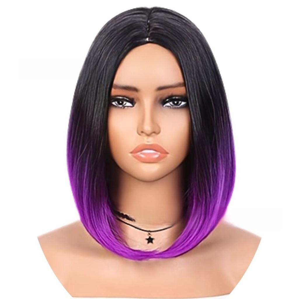 Premium Short Wig With Middle Part For Women Black Blue For Cosplay
