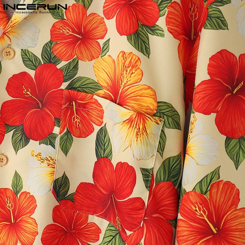 INCERUN Summer Men Lapel Neck Short Sleeve Floral Print Stitching Casual Oversized Hawaiian Shirts