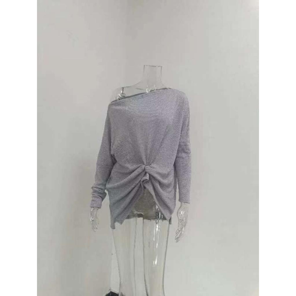 Women's Casual Off-shoulder Batwing Long Sleeve Waffle Knit Pullover Waist Cinching Sweater Top