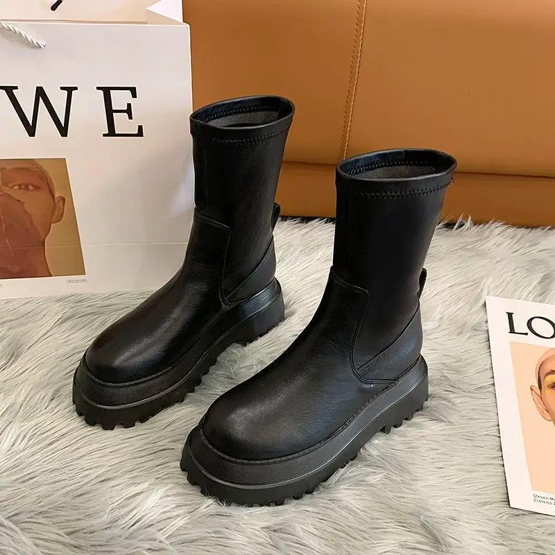 Fashion Ladies 2025 Women's Platform Chelsea Black Mid Calf Boots Pipe Autumn Winter Flat Short Leather Rubber Comfortable