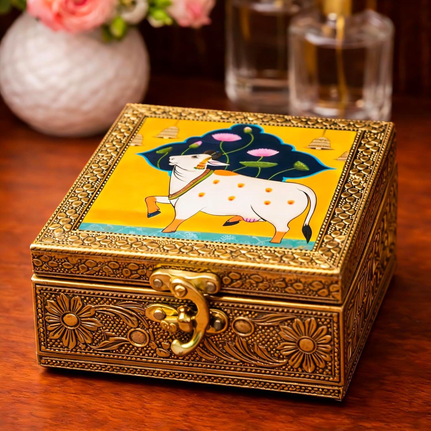 Trendifly Pichwai Design Wooden Oxidised Jewellery Storage Box With Lock for Women 4 x 4 inch |