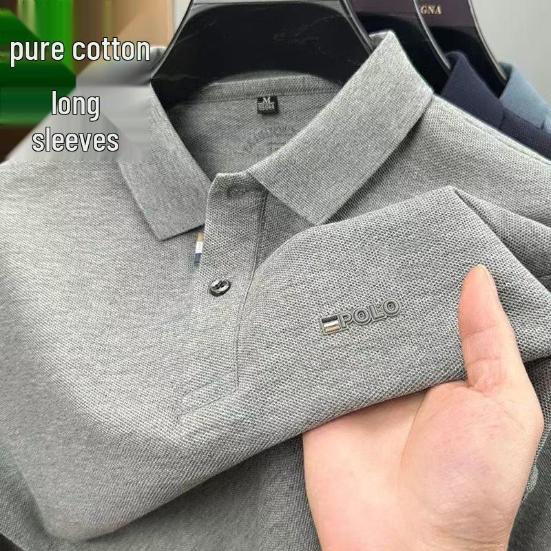Polo homme Douyin automne en coton - Col rabattu, manches longues, couleur unie, coupe décontractée