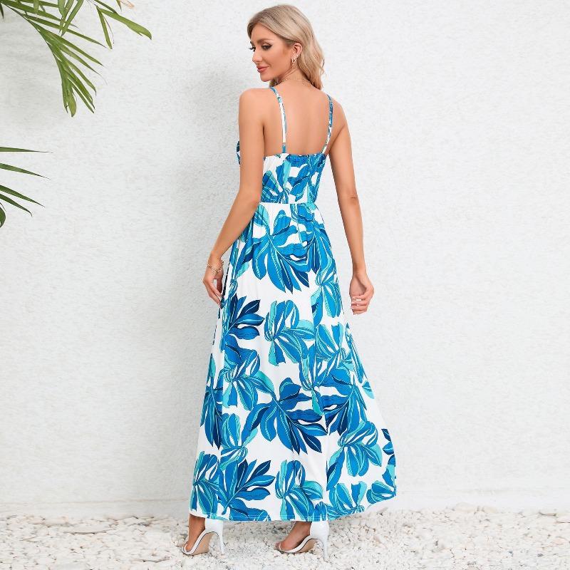 Abiti casual a vita alta con scollo a V senza maniche con stampa floreale primaverile alla moda da donna