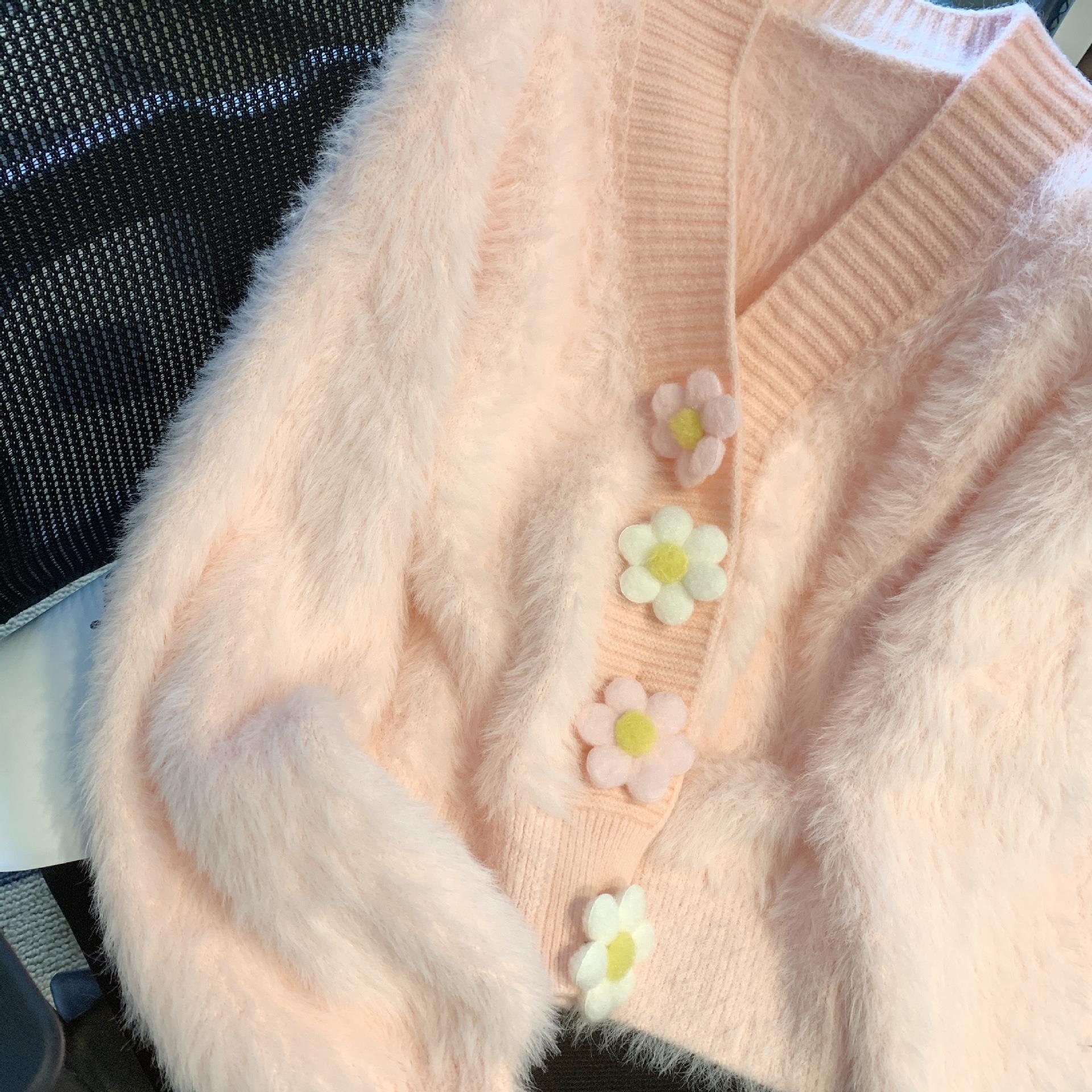 

Весенне-осенний вязаный кардиган, свитер из искусственного норкового флиса, милый конфетный цвет, цветочный дизайн, модное маленькое вторжение, темперамент, женское пальто ONE SIZE розовый