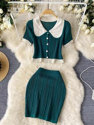 French Sweet Knit New Two Piece Sets Women Elegant Lapel Short Sleeve Top Elastic Waist Skirt Suits Summer Vintage Office Clothing