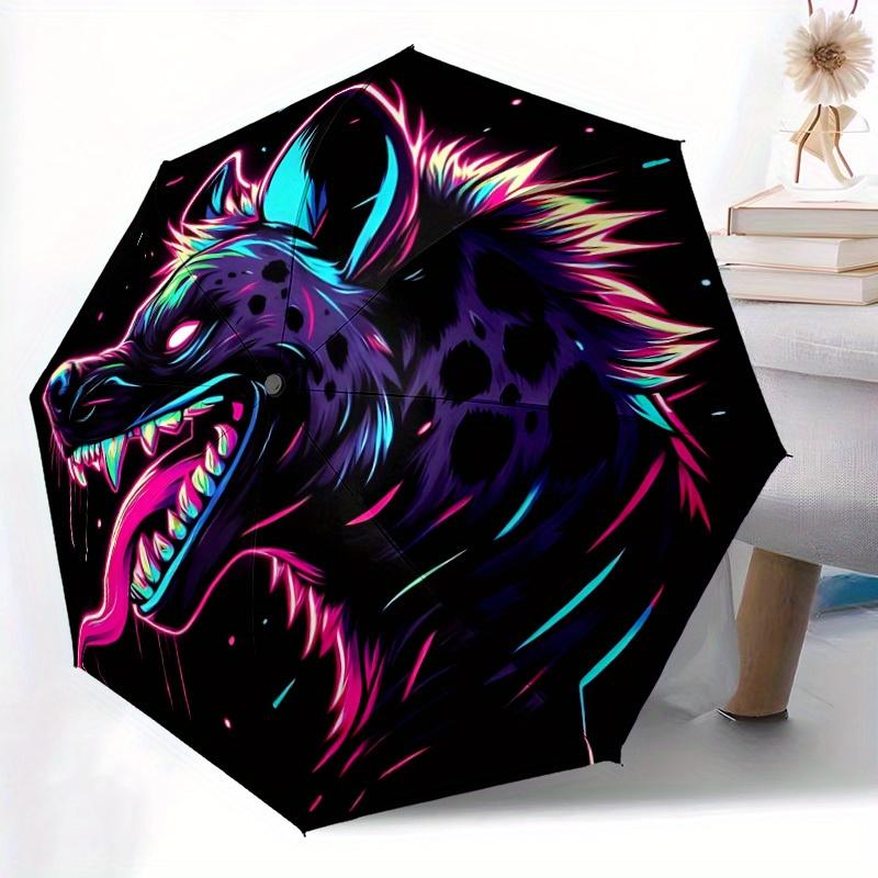 1 Stück Neon Wolf Automatisches Öffnen/Schließen Freizeit Cooler Regenschirm mit Winddichtem, Funktionalem Design, 8-Speichen Robuster Schirm