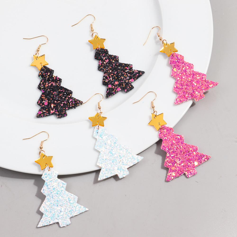 Glitter Leather Christmas Tree Long Earrings for Women Fashion Colorful Plant Drop Earring Party Jewelry Gifts