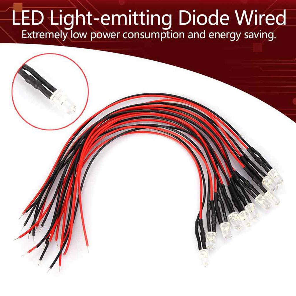 10 Stück 12V 5mm LED Leuchtdiode Verdrahtet Mehrfarbiges LED Lichtkabel 20cm 0.06W(Weiß)