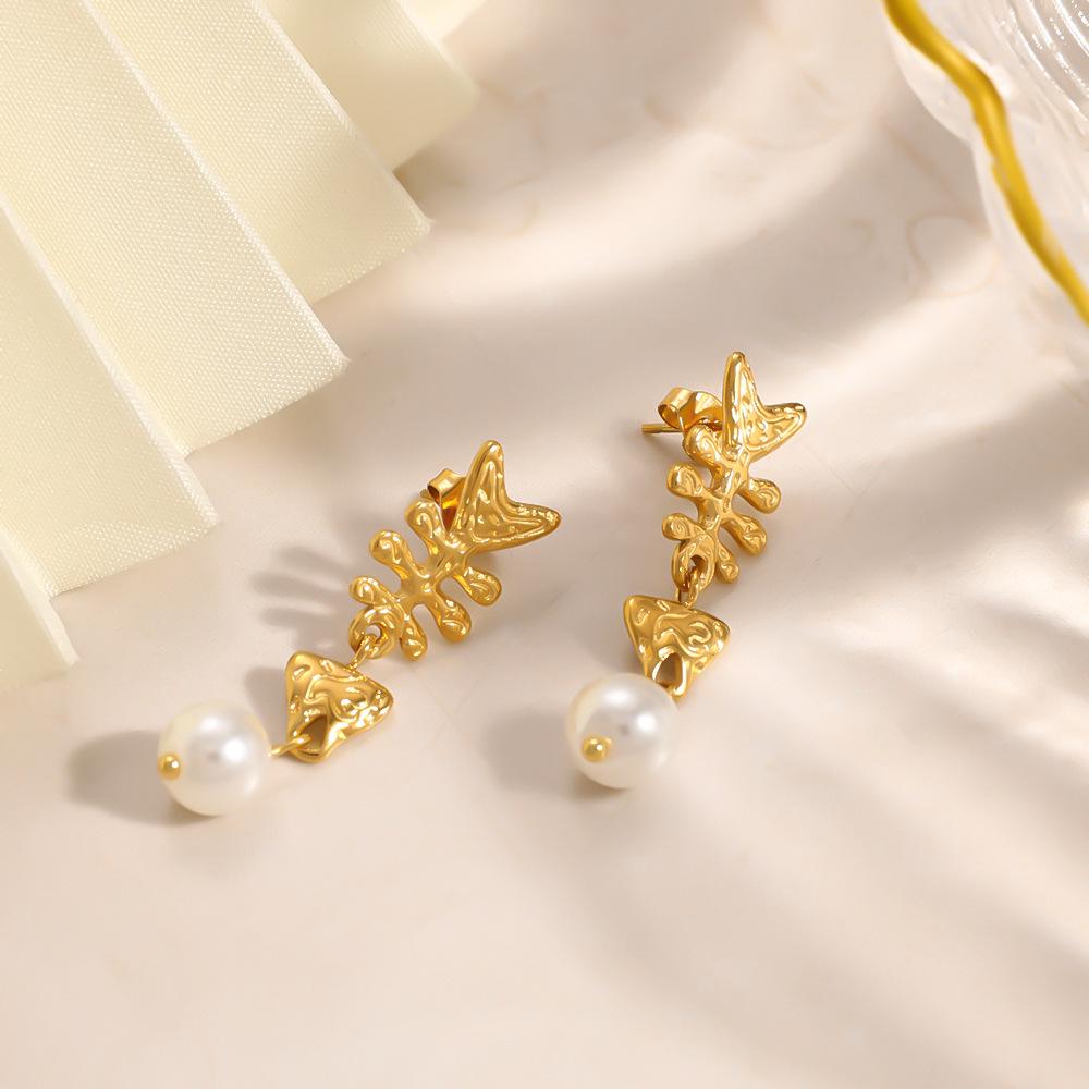 Stainless Steel Fishbone Pearl Tassel Earrings - Non-fading & Waterproof Studs