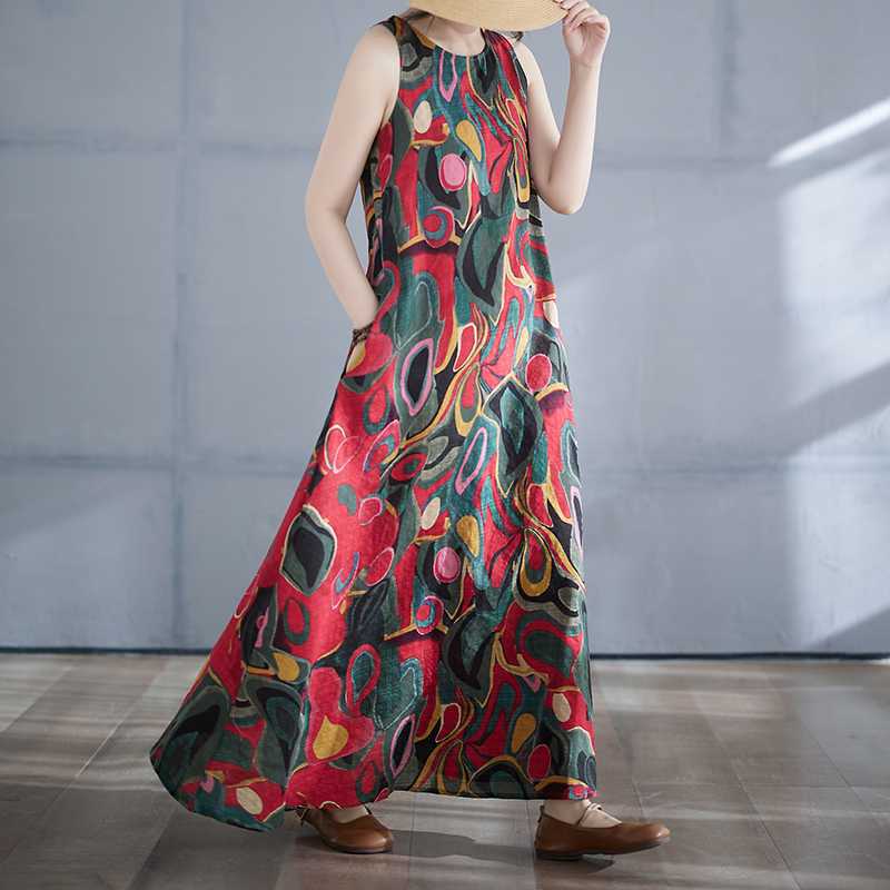 Long Skirt Summer New Sleeveless Round Neck Printed Dress