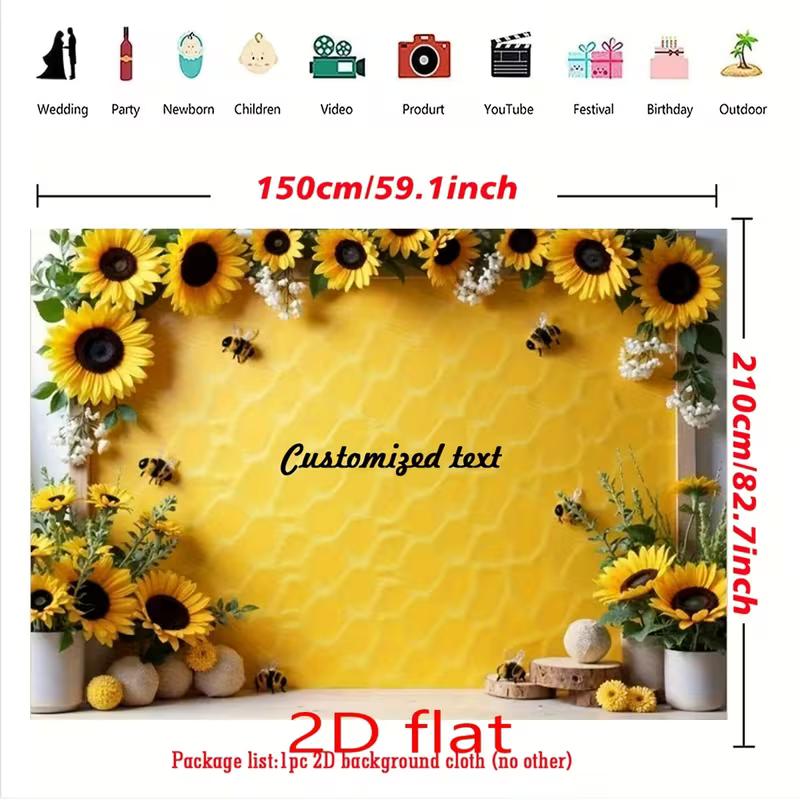 2D Printed Backdrop with Custom Text, Sunflowers, Bees and Honeycomb Pattern