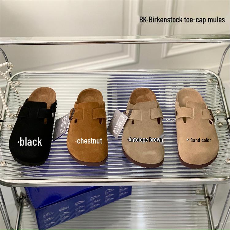 Boken Women's 2025 Autumn Genuine Leather Cork Bottom Suede Closed-Toe Mule Slippers