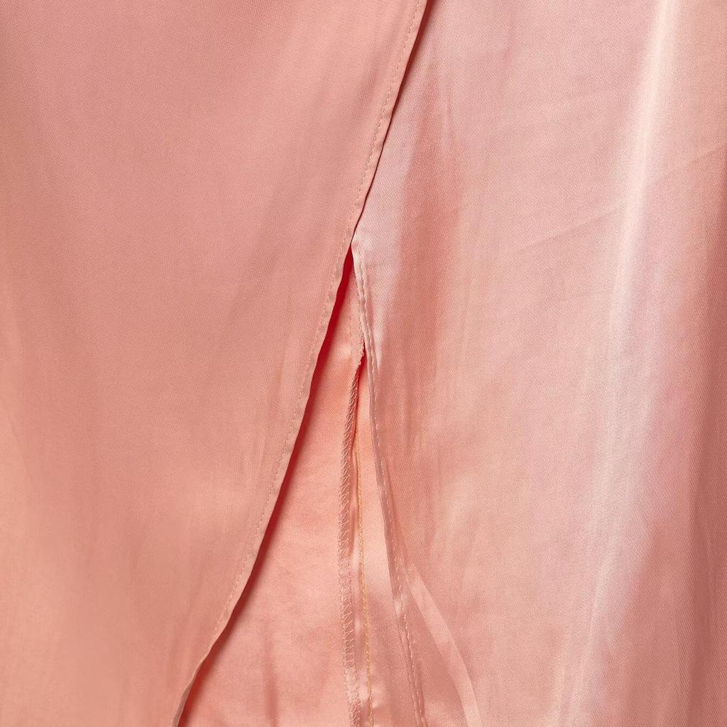 2025 Summer Gold-Trimmed Pink Silk Midi Skirt Set