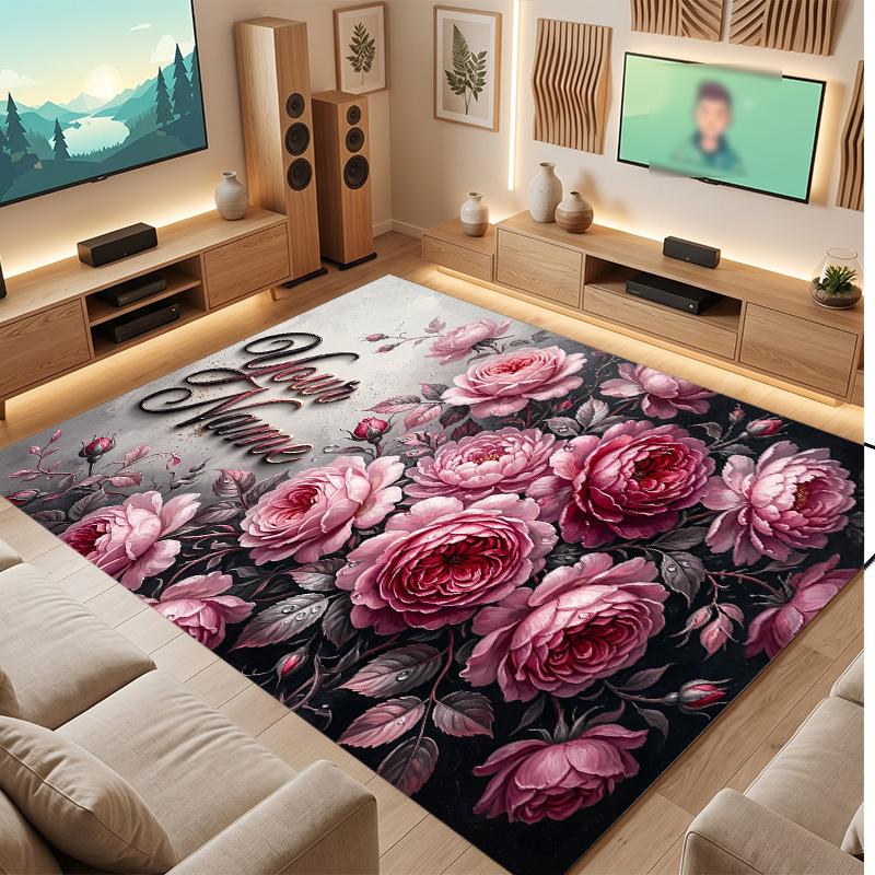 Floral Garden Theme Soft Crystal Velvet Rug Custom Name & Text Print Non Slip Floor Rug for Bedroom Living Room
