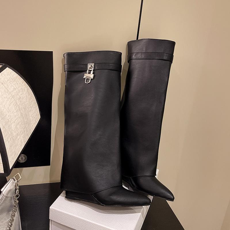 2025 Autumn and Winter New Pointed Big Tube Circumference Lock Shark Buckle Straight Tube Medium Long Boots Wedge Trouser Tube Boots Women