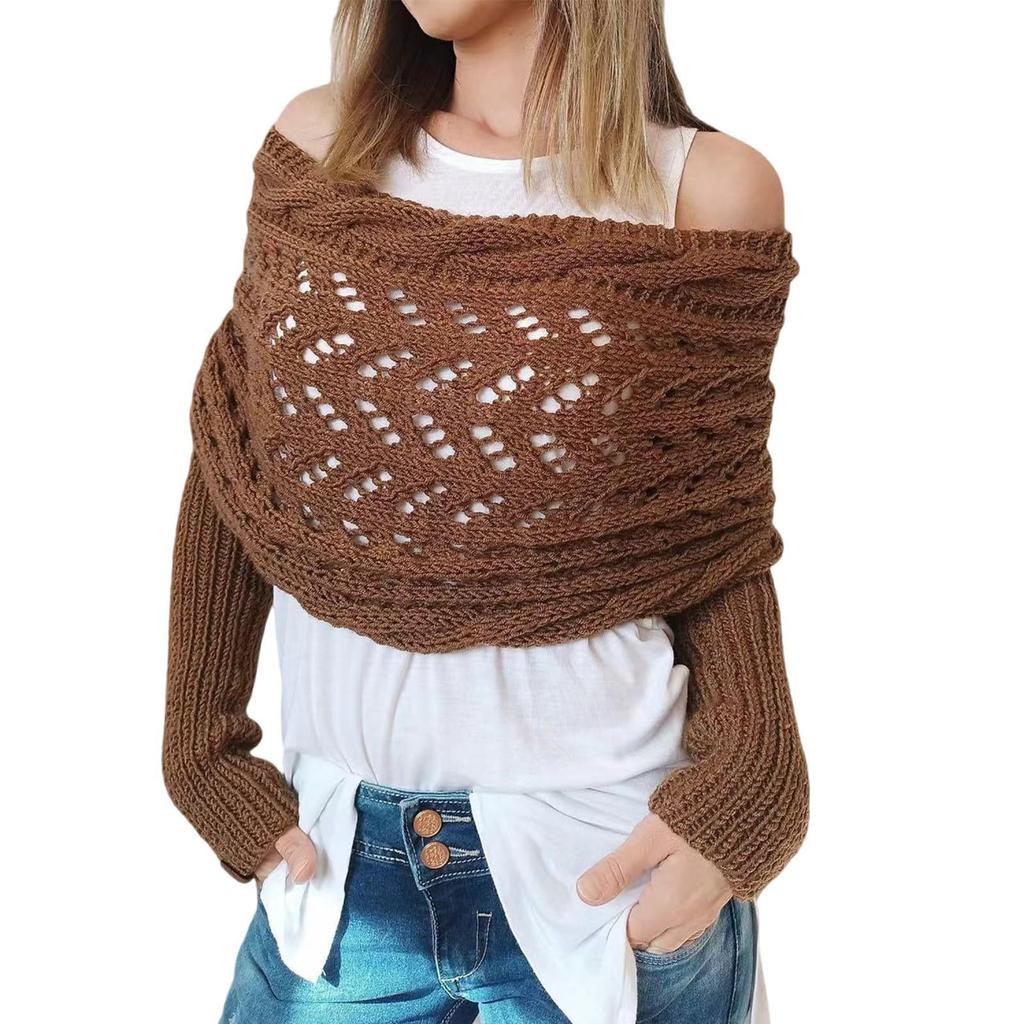 Autumn Winter Women'S Knitted Shawl Scarf With Long Sleeve Outdoor Warm Soft Windproof Hollow Out Crop Top Shrugs Shawl Scarf