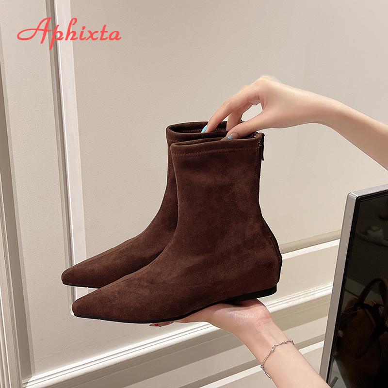 Aphixta Suede Upper Woman Modern Boots 5cm Height Increasing Short Boots Shoes Sexy Pointed Toe Black Zipper Concise Ankle Boot