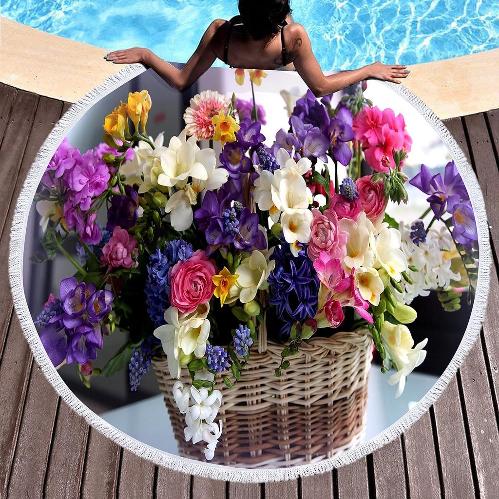 Botanical Floral Round Beach Towel, Garden Flowers Daisy Beach Blanket, Rustic Farmhouse Style Pool Towel, Portable Picnic Mat