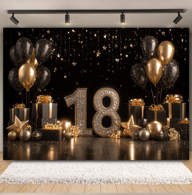 Black and Gold Balloon Gift Theme 18th Birthday Banner Backdrop Cloth Adult Gift Birthday Party Decoration Photography Backdrop