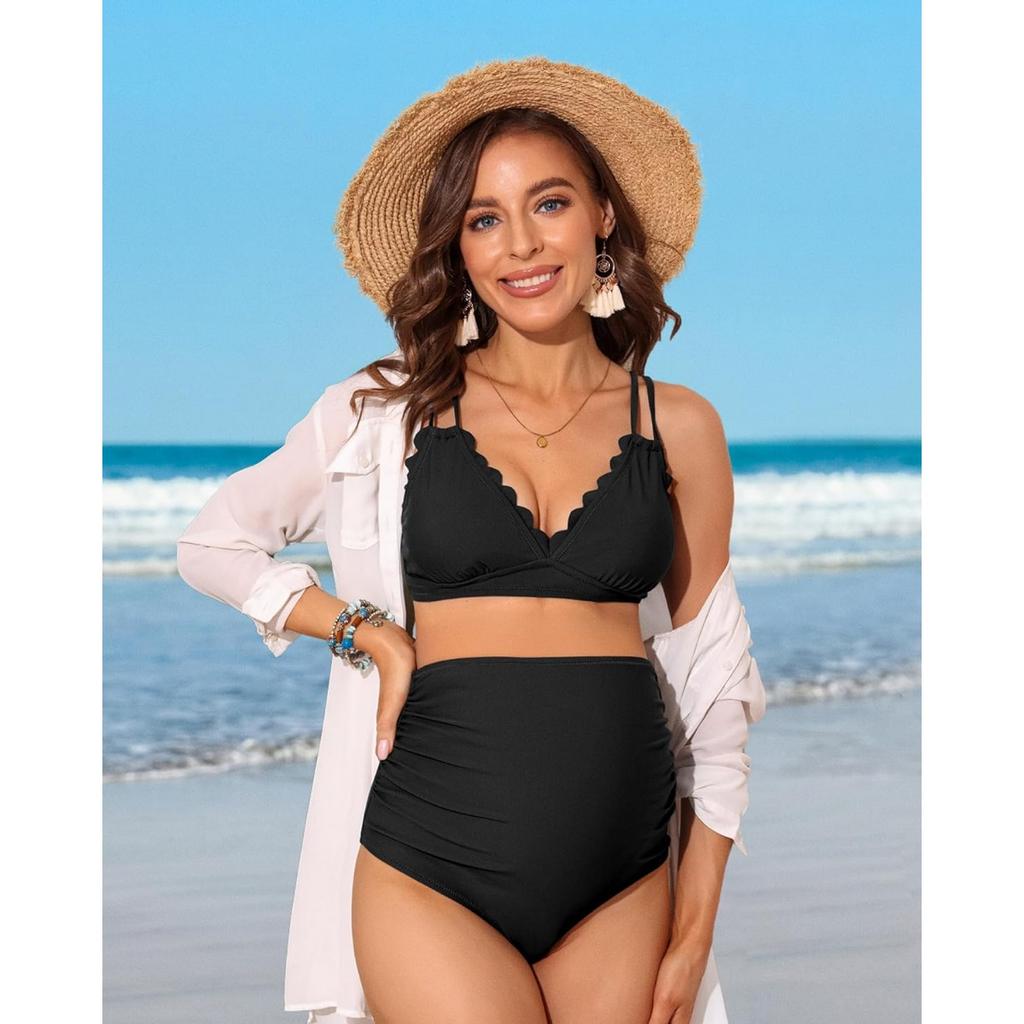 CHARMLEAKS Maternity Swimsuit Women Two Piece High Waist Bikini Scallop Trim Bathing Suit Pregnancy Swimwear