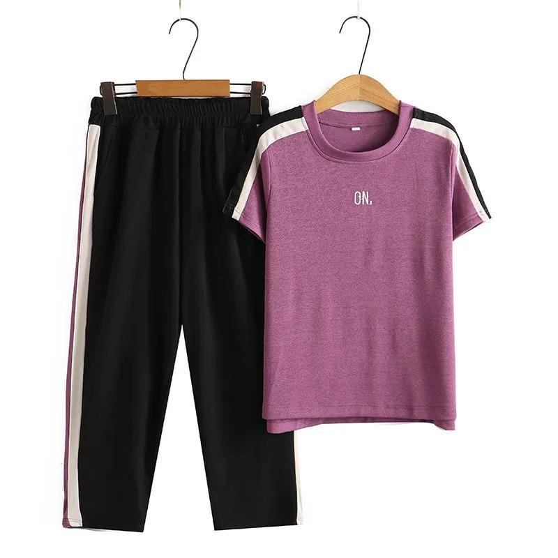 

Женский костюм из 2 предметов, хлопковая футболка и брюки, хлопковый свободный повседневный летний костюм из двух предметов, топ и брюки XXXXL фиолетовый