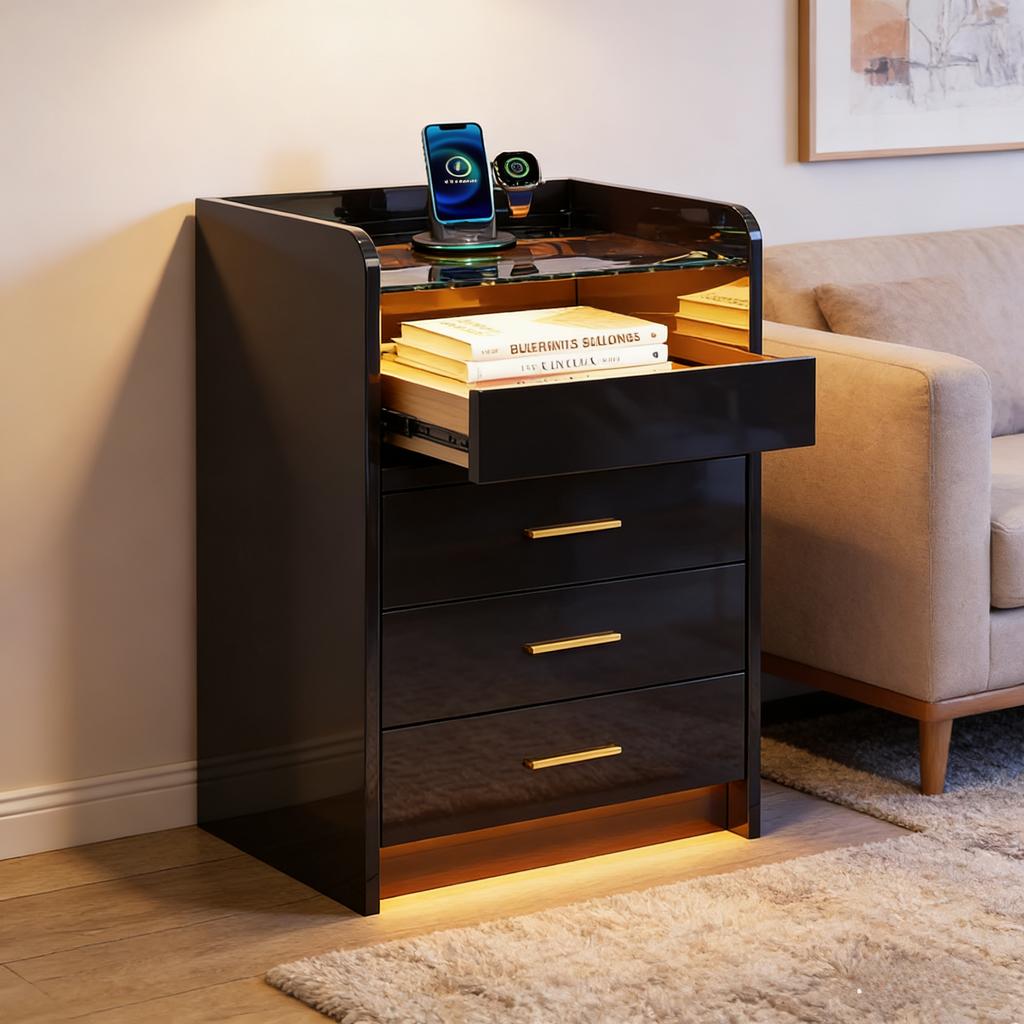 Bedside Coffee Sofa Tea Table Storage Closet Wooden Nightstand Drawers Lamp Charging Bedroom Living Room Display Furniture