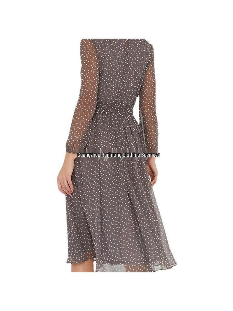 Spring/Summer 2023 Chiffon Polka Dot Long Sleeve Formal Dress (Coffee/Black)