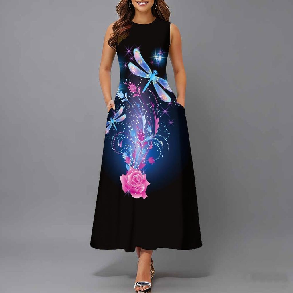 Women Plus Size Sleeveless Crew Neck Dress Soft Watercolor Floral Branches Flowy Mid Calf Gown