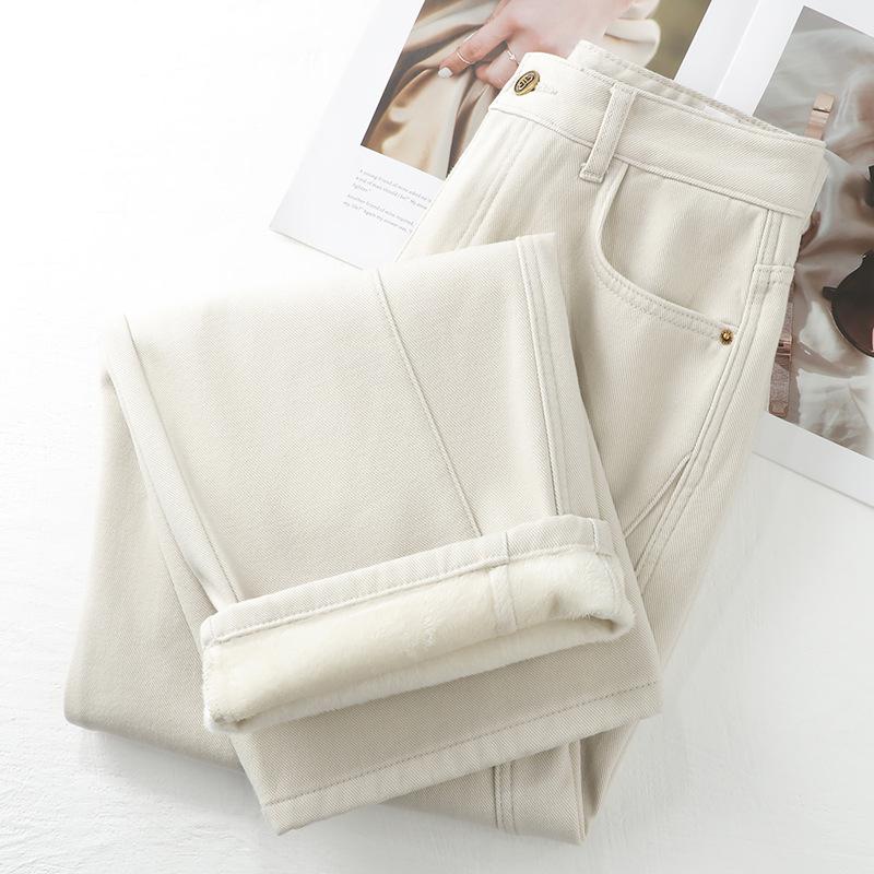 Women's 2024 White Fleece-Lined Wide-Leg Jeans for Autumn/Winter