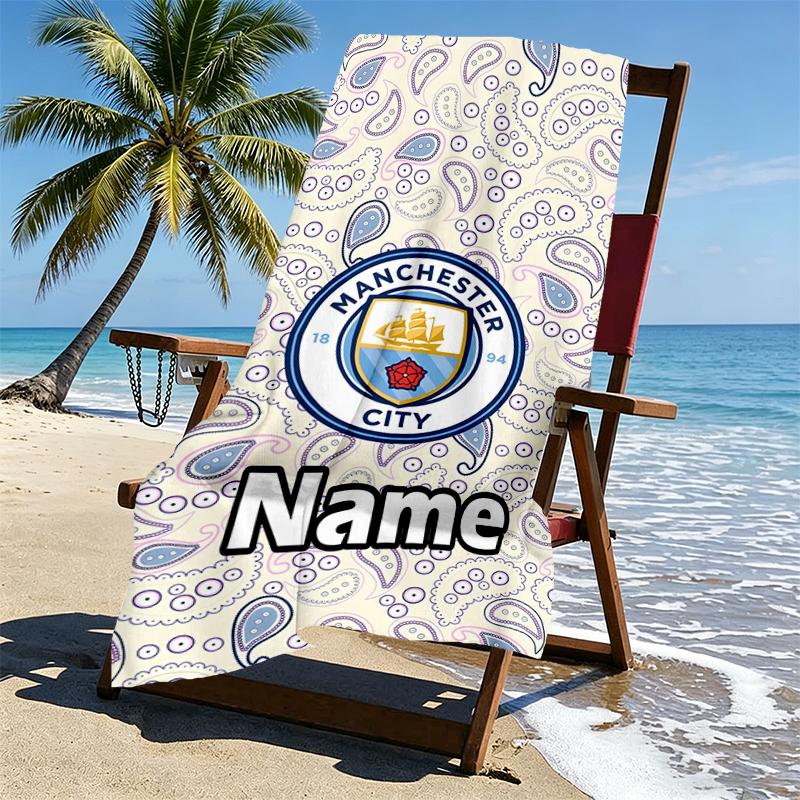 Custom Name Personalized Manchester City FC Print Beach Towel, for Trip Camping Beach Party Home Decor, Birthday Gift for Family & Friends