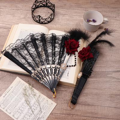 Abanico Lolita de Plumas Rosa Abanico Plegable Estilo Europeo Retro Chapado en Oro Encaje Abanico de Mano Femenino Fiesta de Té Abanicos de Boda Accesorios Cosplay