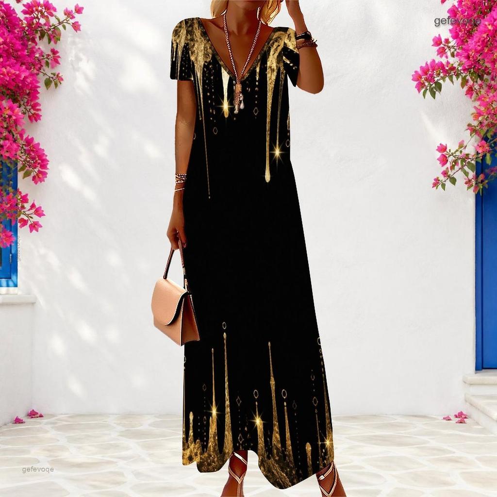 Women Plus Size V Neck Short Sleeve Printed Light Purple Maxi Dress