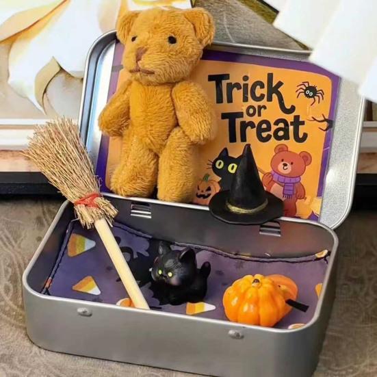 Halloween Bear In A Box Handmade Cute Witch Bear In A Tin for Trick or Treat Miniature Plush Bear with Broom Pumpkin Cat Halloween Party Gift