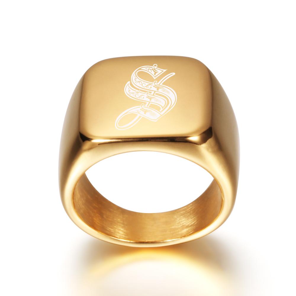 Gold Tone Mens Big Letter Rings Customized Stainless Steel Initial Jewelry Finger Ring Personalized for Male Gift Accessories