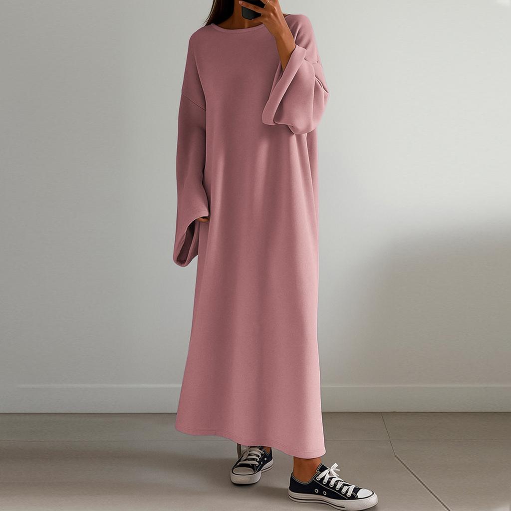 Women's Casual Loose Fashion Solid Color Round Neck Long Sleeve Knitted Long Dress