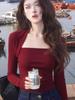 Versatile French Red Square Neck Slim Fit Long Sleeve Top for Early Autumn
