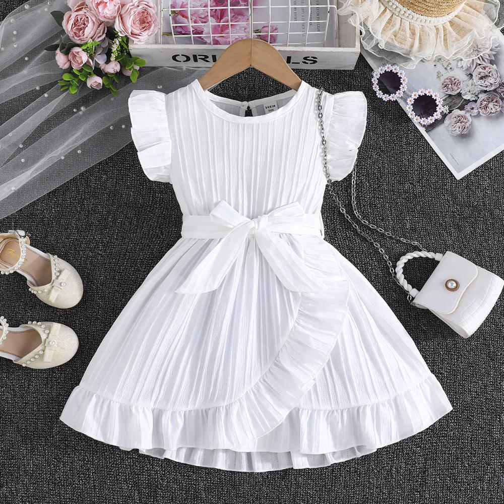 Fashion Girls Solid Color Wave Round Neck Ruffle Edge Dress Casual Comfortable Dresses Girls