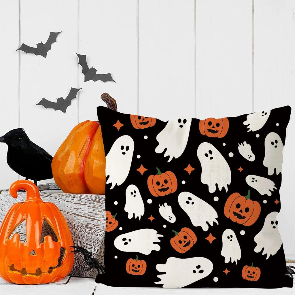 GAGEC Halloween Pillow Covers 18x18 Inch Ghost Pumpk Linen Pillowcase Holiday Farmhouse Throw Pillows Indoor Outdoor Couch Cushion Case for Home Sofa