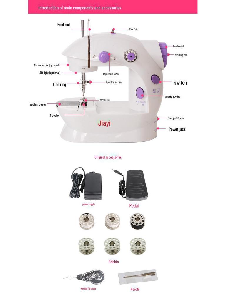 Jiayi 202 Mini Máquina de Costura Elétrica de Mesa com Luz e Cortador de Linha, 1KG