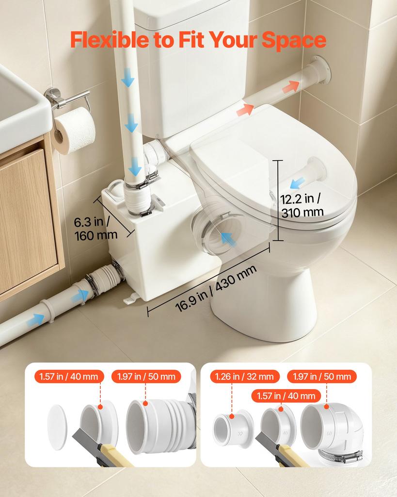 VEVOR Macerator Pump 800W 12000L/h Flow 32.8 Ft/10 M Head Sewage Pump, Waste Water Disposal Upflush Machine with 4 Inlets, Macerating Toilet Sewerage