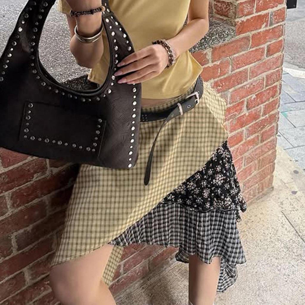 Spring/Summer Women's Low-Waist Plaid & Floral Patchwork Irregular Hem Skirt
