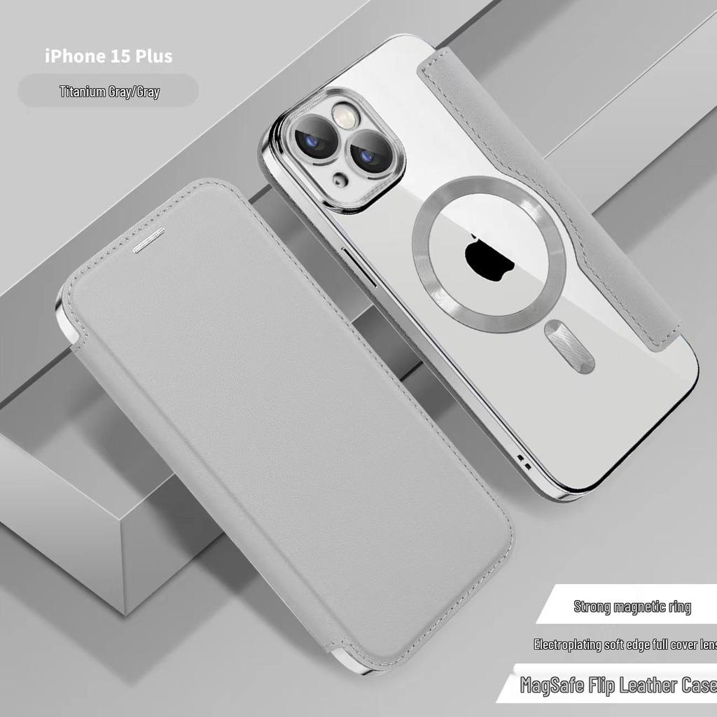 "Apple iPhone 15 Gold Shield Magnetic Leather Flip Case with Full Lens Protection"