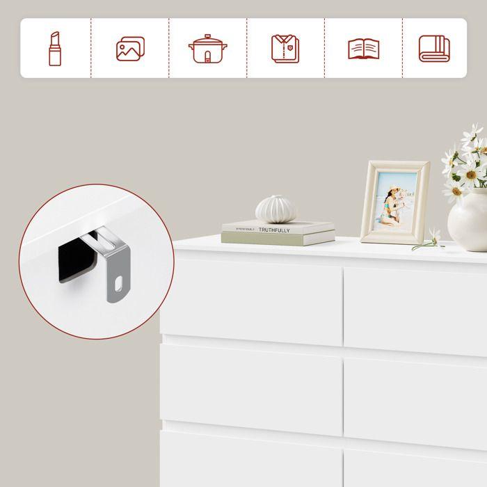 Commode 6 Tiroirs - 100x36x69cm - WOLTU Meuble de Rangement Moderne Blanc - Assemblage Facile