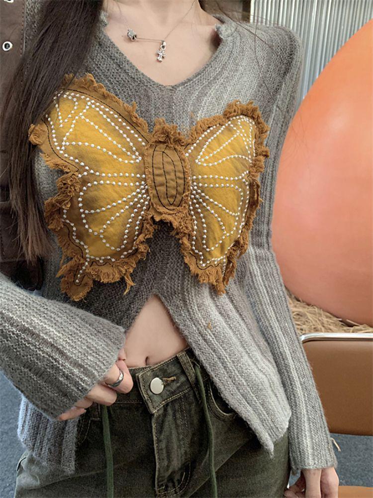 Butterfly Design Slim Fit Long Sleeve Knitted Sweater for Women - Autumn Collection