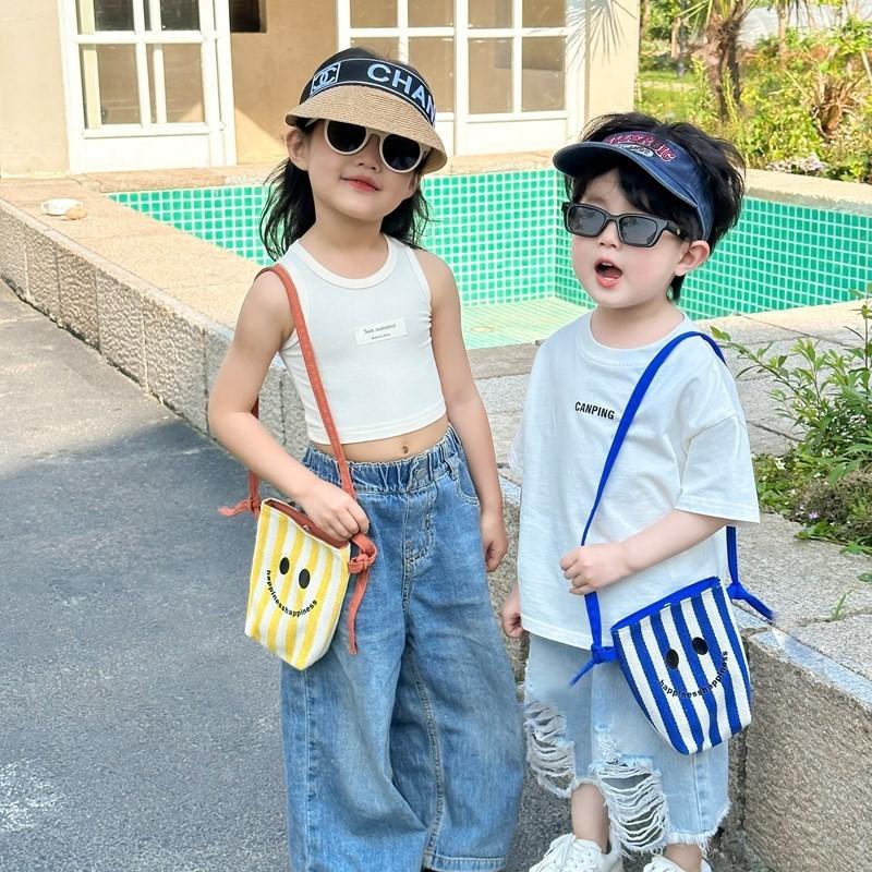 Stylish Mini Canvas Shoulder Bag For Kids With Cute Smiley Face And Striped Design