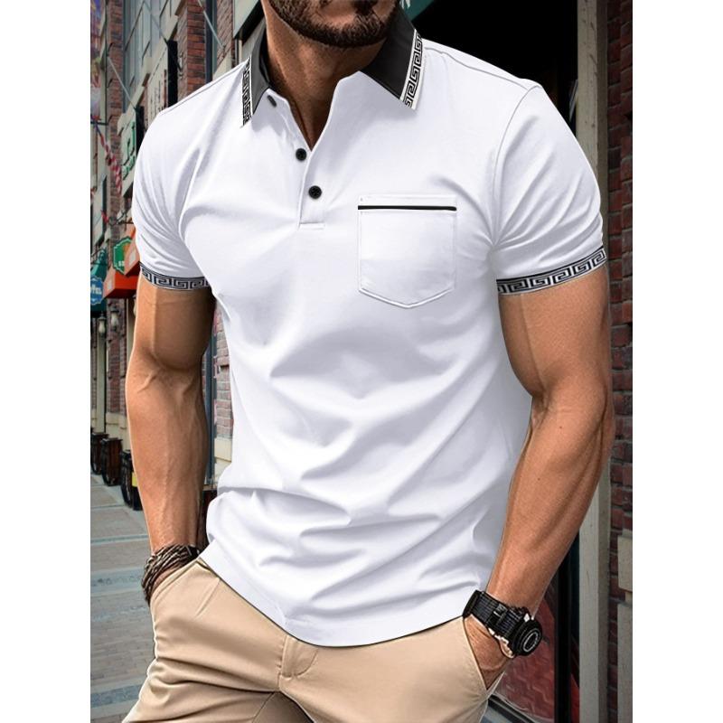 Man Summer Printed Collar Polos Shirt with Button Pocket for Men's Short Sleeve Sports Polo Shirts