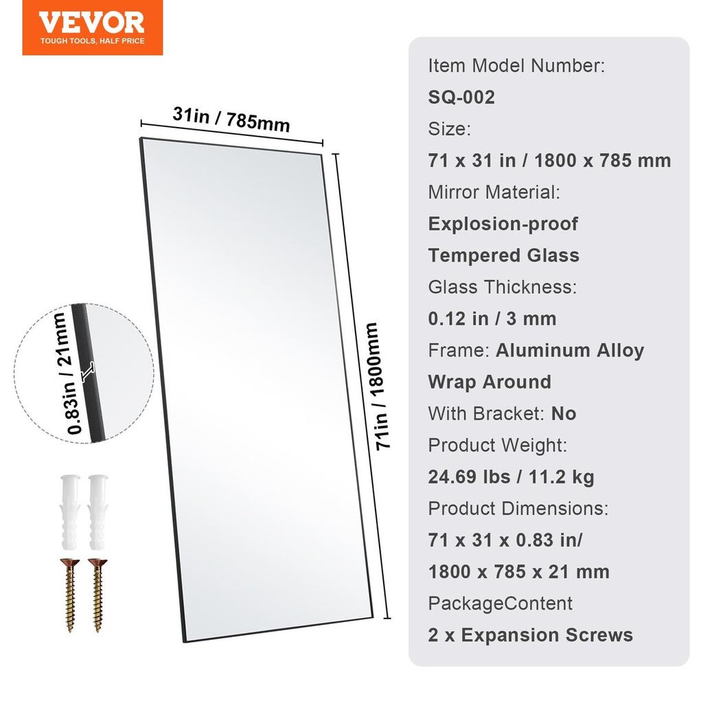 Full Length Floor Mirror 71'' X 31'' Free Standing Wall Mounted Tempered